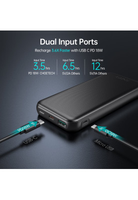 УМБ Choetech 10000mAh, 18W PD QC3.0, USB-C In/out, USB-A Li-pol чорна