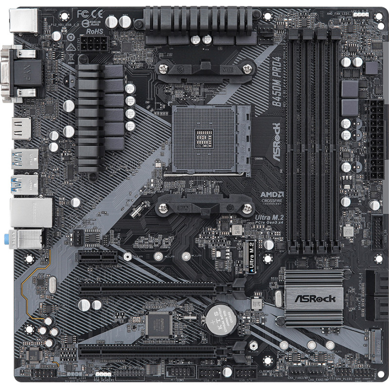 ASRock B450M Pro4 R2.0 (AM4/B450, 4*DDR4, 2xPCIex16, DVI-D/HDMI/VGA, 4xSATAІІІ, M.2, GLan, 8ch, mATX
