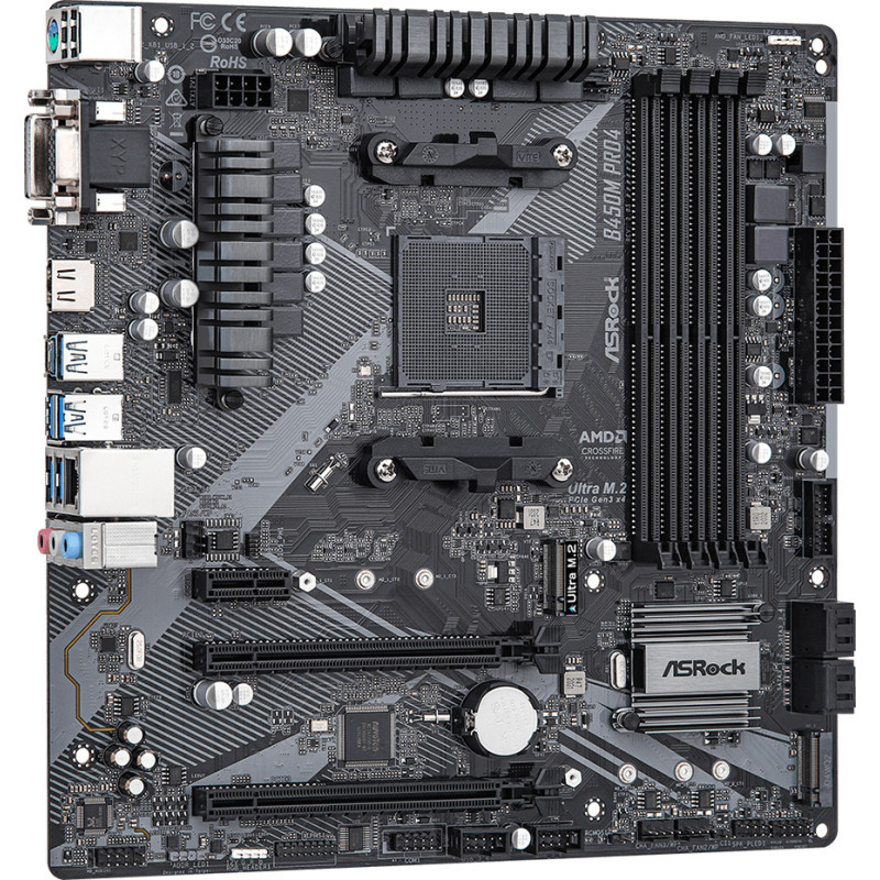 ASRock B450M Pro4 R2.0 (AM4/B450, 4*DDR4, 2xPCIex16, DVI-D/HDMI/VGA, 4xSATAІІІ, M.2, GLan, 8ch, mATX