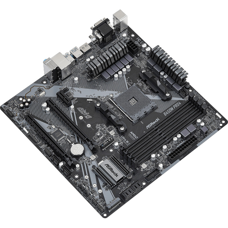 ASRock B450M Pro4 R2.0 (AM4/B450, 4*DDR4, 2xPCIex16, DVI-D/HDMI/VGA, 4xSATAІІІ, M.2, GLan, 8ch, mATX