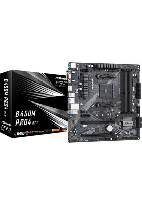 ASRock B450M Pro4 R2.0 (AM4/B450, 4*DDR4, 2xPCIex16, DVI-D/HDMI/VGA, 4xSATAІІІ, M.2, GLan, 8ch, mATX