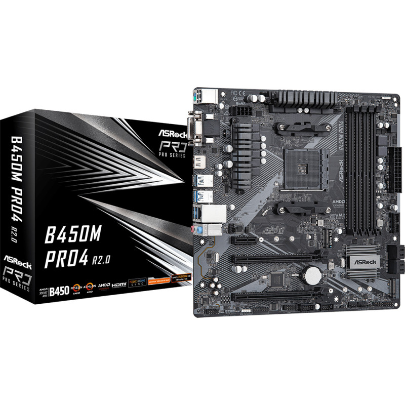 ASRock B450M Pro4 R2.0 (AM4/B450, 4*DDR4, 2xPCIex16, DVI-D/HDMI/VGA, 4xSATAІІІ, M.2, GLan, 8ch, mATX