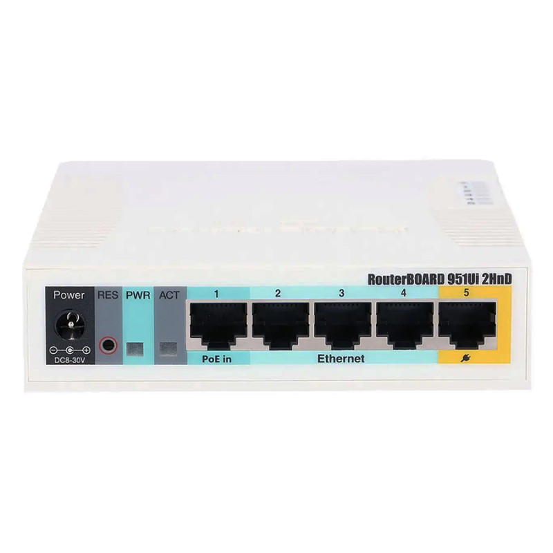 Маршрутизатор Mikrotik RB951Ui-2HND, N300, 600MHz/128Mb, 5х100Мбіт, 1хUSB, 1000mW, PoE in, PoE out, антена 2,5 дБі