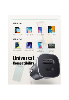 Автозарядка 2xUSB 20W (USB-C+USB-A) QC 3.0+ Косм. Сіра (CD130) UGREEN