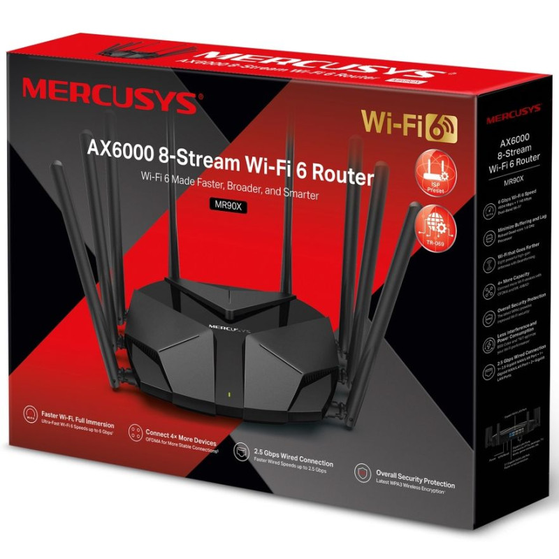 Маршрутизатор Mercusys MR90X, AX6000 1x2.5GE WAN/LAN 1xGE WAN\LAN 2xGE LAN MU-MIMO OFDMA
