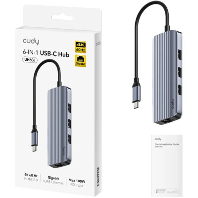 Хаб USB-С 6-в-1,1хHDMI 4K, 1хUSB-C, 1хUSB-A 3.0 5 Гбіт/с, 2 х передачі даних USB-A 2.0, Cudy