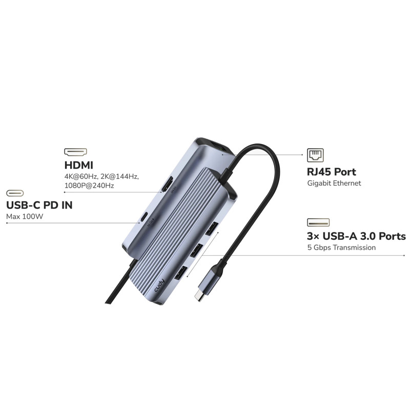 Хаб USB-С 6-в-1,1хHDMI 4K, 1хUSB-C, 1хUSB-A 3.0 5 Гбіт/с, 2 х передачі даних USB-A 2.0, Cudy