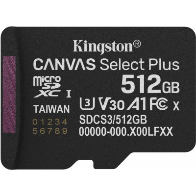 Memory card microSDXC 512GB Kingston Canvas Select Plus Gen3 C10 A1, Retail