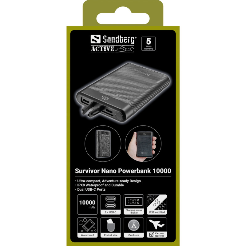 УМБ Sandberg 10000mAh 20W PD Survivor Nano Powerbank 2xUSB-C IN/OUT, IPX8