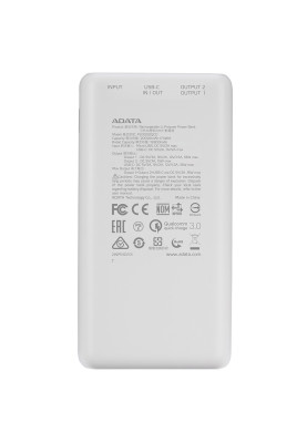 УМБ ADATA 20000 mAh 20W QC 3.0/PD 3.0 USB-C + USB2.0 біла