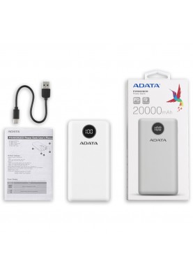 УМБ ADATA 20000 mAh 20W QC 3.0/PD 3.0 USB-C + USB2.0 біла