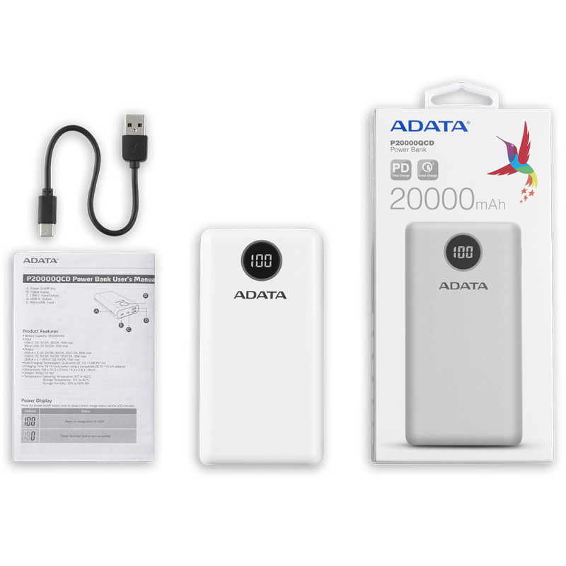 УМБ ADATA 20000 mAh 20W QC 3.0/PD 3.0 USB-C + USB2.0 біла