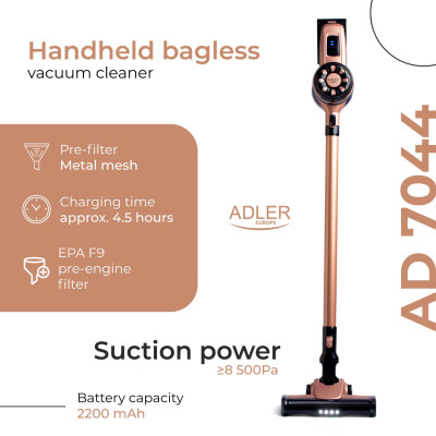 Порохотяг Adler AD 7044 бездротовий/ 250Вт/ 12,000 Pa/ 0,8л/ LED/ TURBO/ настінне кріплення