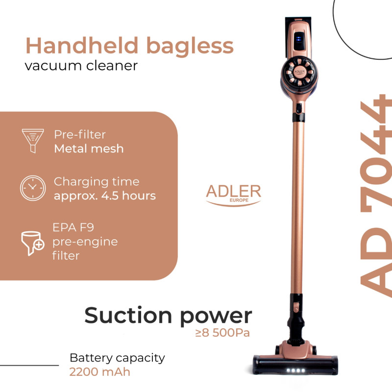 Порохотяг Adler AD 7044 бездротовий/ 250Вт/ 12,000 Pa/ 0,8л/ LED/ TURBO/ настінне кріплення
