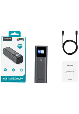 УМБ Choetech 27000mAh 140W IN/OUT, 2xUSB-C PD5.0 USB-A QC3.0 22W, Li-pol, TFT Display, black
