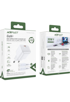 Зарядний пристрій USB-C 30W Gan A77 mini + USB-C cable Fast Charger White Acefast