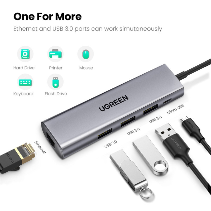 Хаб USB 3.0 --> 3xUSB 3.0/RJ45/Micro USB CM266 Gray Ugreen
