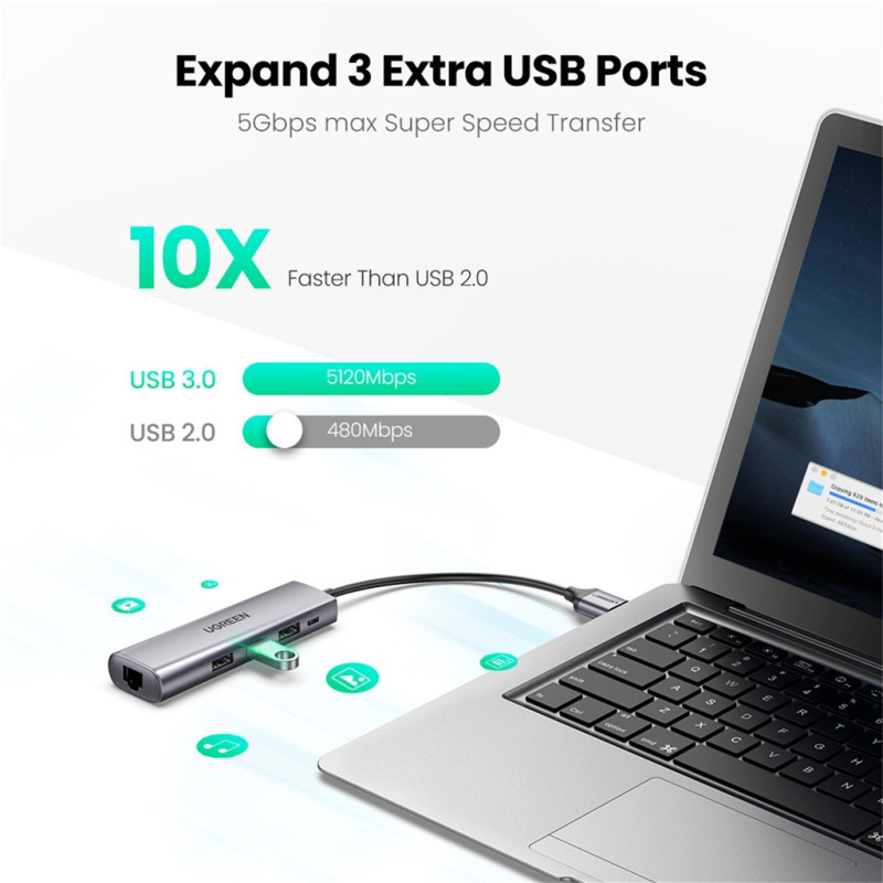 Хаб USB 3.0 --> 3xUSB 3.0/RJ45/Micro USB CM266 Gray Ugreen