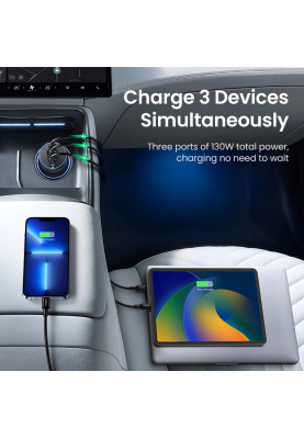 Автозарядка 3xUSB 130W (2xUSB-C+USB-A) QC 3.0 Чорна (CD293) UGREEN