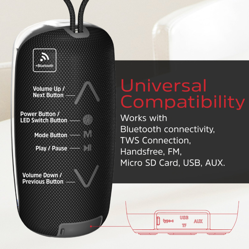 Акустична система 1.0 Energizer 16Вт Bluetooth 5.2/MicroSD/USB/AUX/FM/TWS, IPX65, чорна