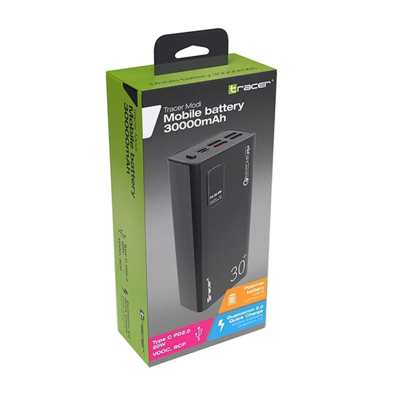 Повербанк Tracer Modi 30000 mAh QC 3.0, 22,5W + PD20W SCP,Vooc, 4xUSB-A, USB-C (Out)+microUSB