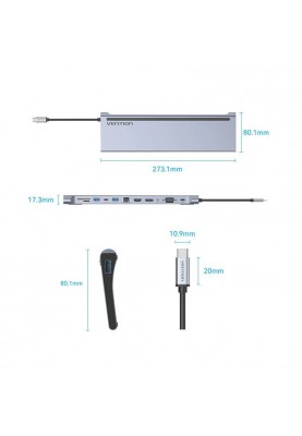 Док-станція USB3.1 Type-C --> DP/HDMI/VGA/USB3.0x3/RJ45/SD/TF/TRRS 3.5mm/PD 100W Vention 12in1