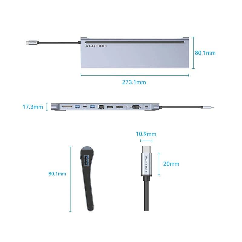 Док-станція USB3.1 Type-C --> DP/HDMI/VGA/USB3.0x3/RJ45/SD/TF/TRRS 3.5mm/PD 100W Vention 12in1