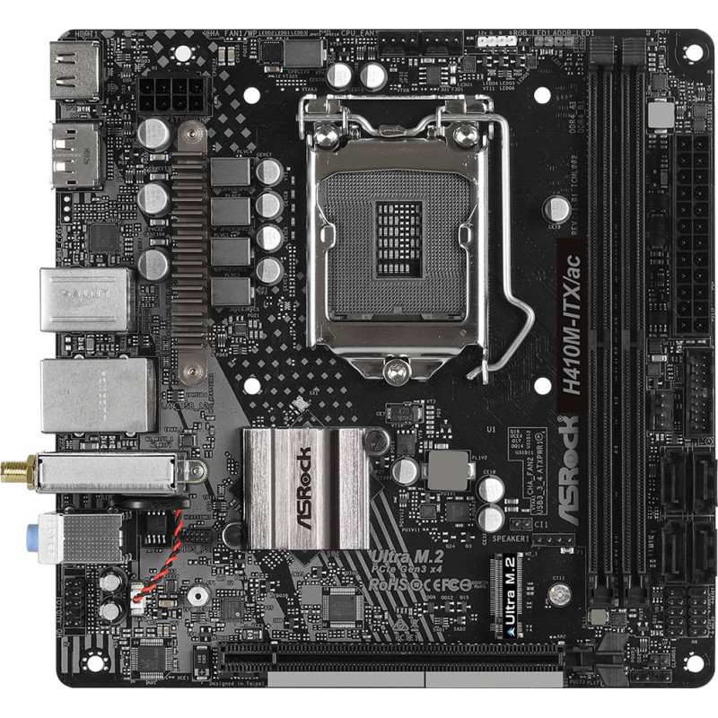 ASRock H410M-ITX/AC (1200/H410, 2*DDR4, 1xPCIex16, HDMI/DP, 4xSATAІІІ, M.2, GLan, WiFi, 7.1ch,mITX)