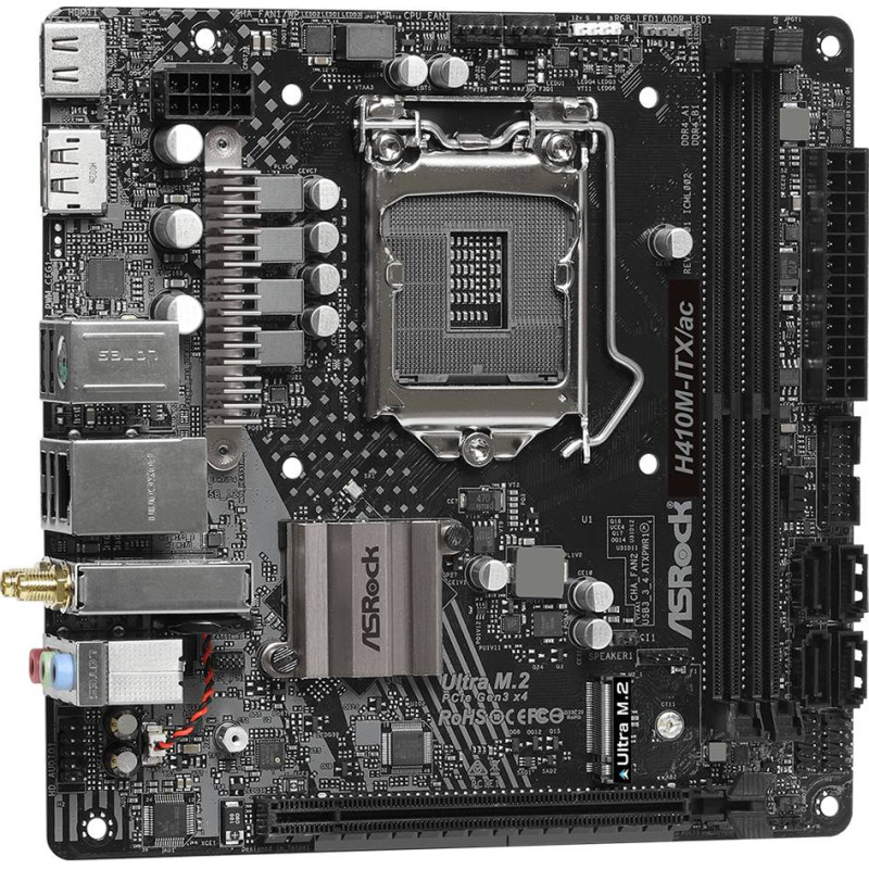 ASRock H410M-ITX/AC (1200/H410, 2*DDR4, 1xPCIex16, HDMI/DP, 4xSATAІІІ, M.2, GLan, WiFi, 7.1ch,mITX)