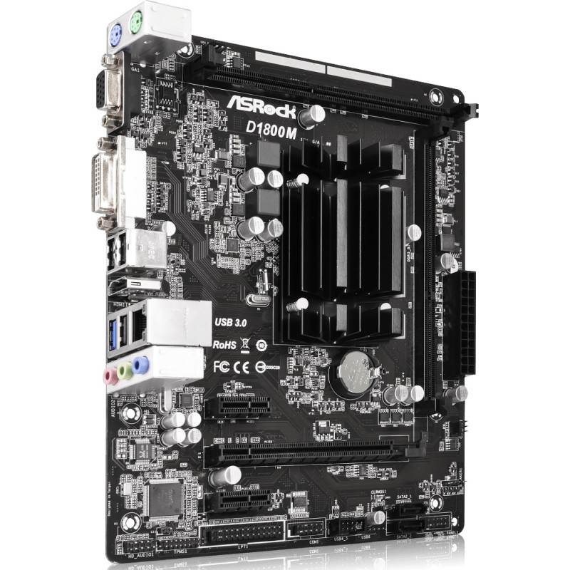 Материнська плата ASRock D1800M/REF (J1800, 2xDDR3/DDR3L, video, 3xPCI Express, 2xSATAII, mATX)