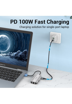Хаб USB 3.1 Type-C -> 3хUSB 3.0/RJ45 Gigabit/PD 100W 5-in-1 Vention