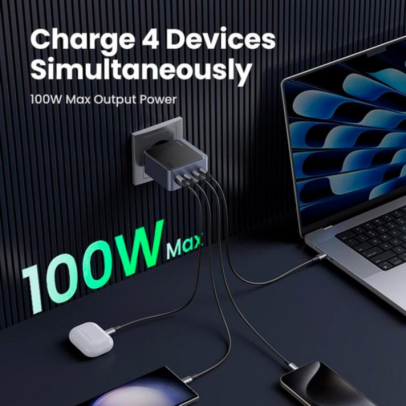 Зарядний пристрій 4xUSB 100W (3xUSB-C+USB-A) Gan Nexode Fast Charger Сірий X565 Ugreen