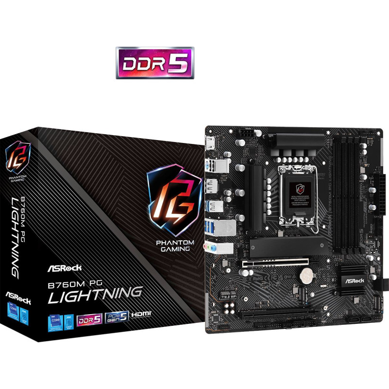 ASRock B760M PG LIGHTNING (1700/B760, 4*DDR5, 2xPCIex16, 4xSATAІІІ, 3xM.2, 2.5GLan, 7.1ch, mATX)