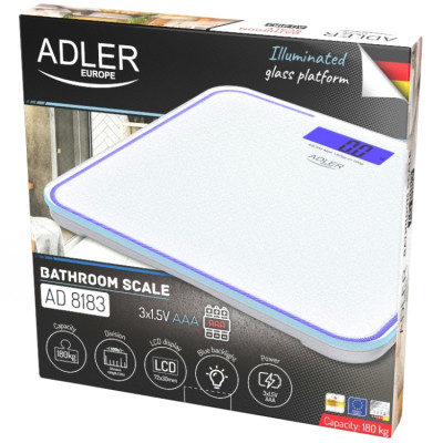 Ваги напольні Adler AD 8183 white електронні/ 180кг/ 2хААА автовимкнення/ синя підсвітка