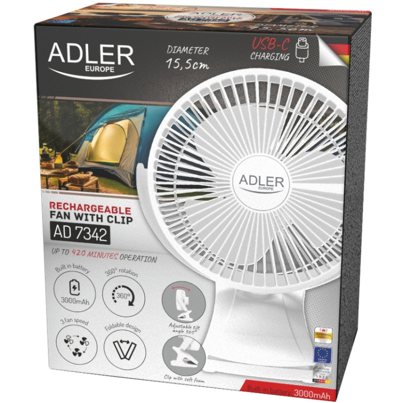 Вентилятор AdlerAD 7342 white настільний/ акумуляторний/ 5Вт/ D=15.5см/ USB-C/ білий
