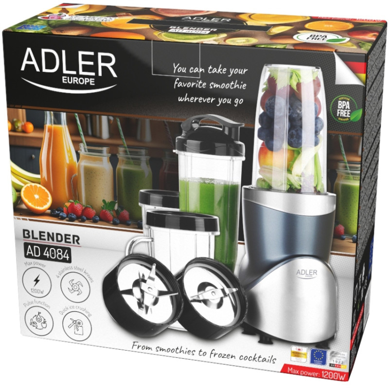 Фітнес-блендер Adler AD 4084 500Вт/ Pulse/ скляні пляшки 1x700мл,2x500мл,1x300мл/