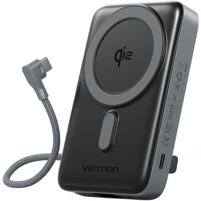 УМБ Vention Magnetic Wireless 10000mAh 35W PD USB-C In/Out, with built-in USB-C cable, QI-2 15W Gray УМБ Vention Magnetic Wireless 10000mAh 35W PD USB-C In/Out, with built-in USB-C cable, QI-2 15W Gray