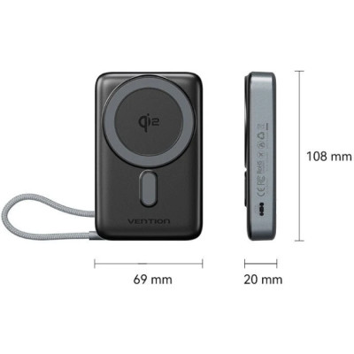 УМБ Vention Magnetic Wireless 10000mAh 35W PD USB-C In/Out, with built-in USB-C cable, QI-2 15W Gray УМБ Vention Magnetic Wireless 10000mAh 35W PD USB-C In/Out, with built-in USB-C cable, QI-2 15W Gray