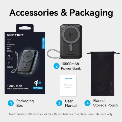 УМБ Vention Magnetic Wireless 10000mAh 35W PD USB-C In/Out, with built-in USB-C cable, QI-2 15W Gray УМБ Vention Magnetic Wireless 10000mAh 35W PD USB-C In/Out, with built-in USB-C cable, QI-2 15W Gray