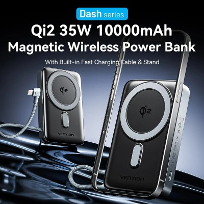 УМБ Vention Magnetic Wireless 10000mAh 35W PD USB-C In/Out, with built-in USB-C cable, QI-2 15W Gray УМБ Vention Magnetic Wireless 10000mAh 35W PD USB-C In/Out, with built-in USB-C cable, QI-2 15W Gray