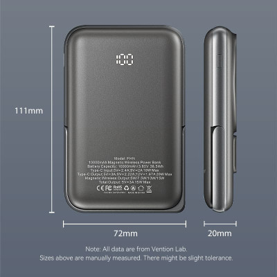УМБ Vention Magnetic Wireless 10000mAh 20W PD USB-C In/Out, QI-15W Black УМБ Vention Magnetic Wireless 10000mAh 20W PD USB-C In/Out, QI-15W Black