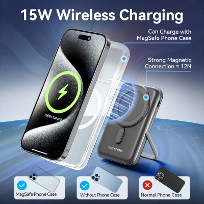 УМБ Vention Magnetic Wireless 10000mAh 20W PD USB-C In/Out, QI-15W Black УМБ Vention Magnetic Wireless 10000mAh 20W PD USB-C In/Out, QI-15W Black