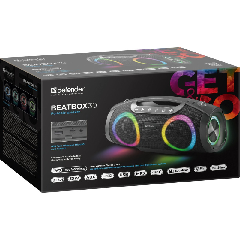 Акустична система 1.0 Defender Beatbox 30, 30Вт Bluetooth/RGB/FM/USB/TF/AUX/TWS чорна