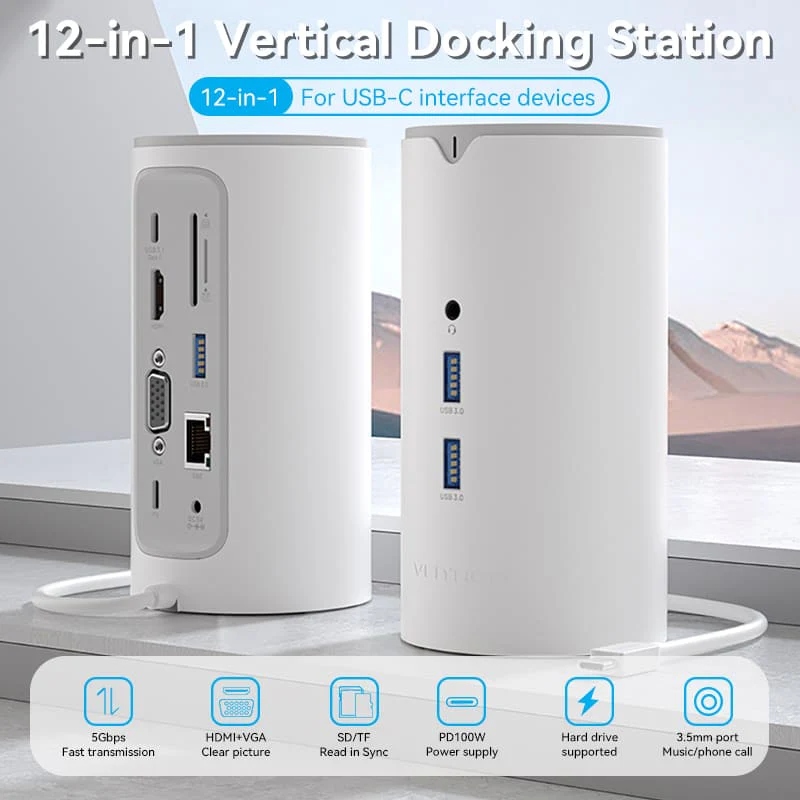 Док-станція USB3.1 Type-C --> HDMI/VGA/USB3.0x3/RJ45/SD/TF/TRRS 3.5m/PD/DC100W12-in-1Ventio