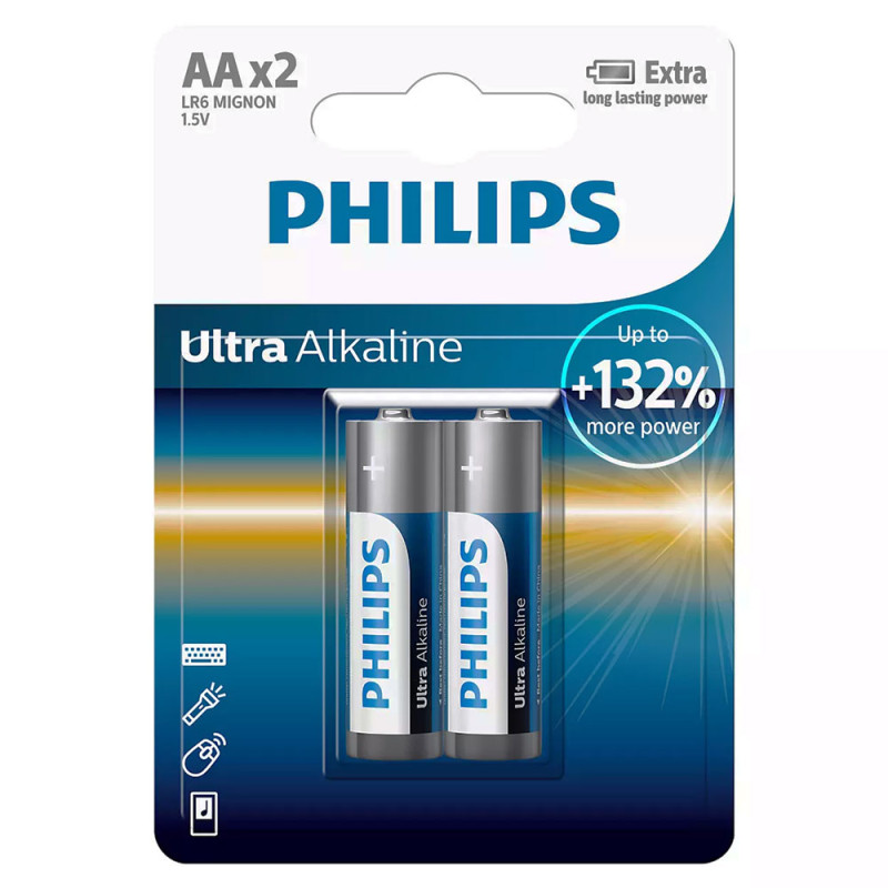 Батарейка Philips AA, Ultra Alkaline лужна, BLI, 2 шт