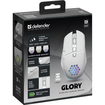 Мишка Defender Glory GM-514, ігрова, бездротова 3200dpi., 6кн., LED біла Мишка Defender Glory GM-514, ігрова, бездротова 3200dpi., 6кн., LED біла