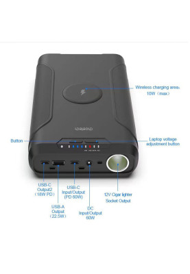 УМБ Choetech 69600mAh, UPS mode, PD3.0 65W USB-Cх2, Car 12V/15A, DC 5-24V/2A, USB, QI10W, LED+БЖ