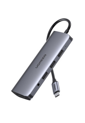 Док-станція USB3.1 Type-C --> HDMI/VGA/USB 3.0x3/RJ45/SD&TF/TRS/PD 100W Ugreen CM179 Косм. Сіра