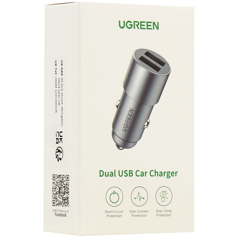 Автозарядка 2xUSB 24W (USB-A) Сіра (CD130) QC 3.0 UGREEN