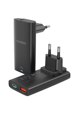 Зарядний пристрій 2xUSB 65W GaN (USB-C+USB-A) Ultra thin чорний Choetech